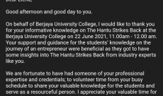 Feedback on Talk (Hantu Strikes Back!) - BERJAYA University College of Hospitality,22nd June 2021
